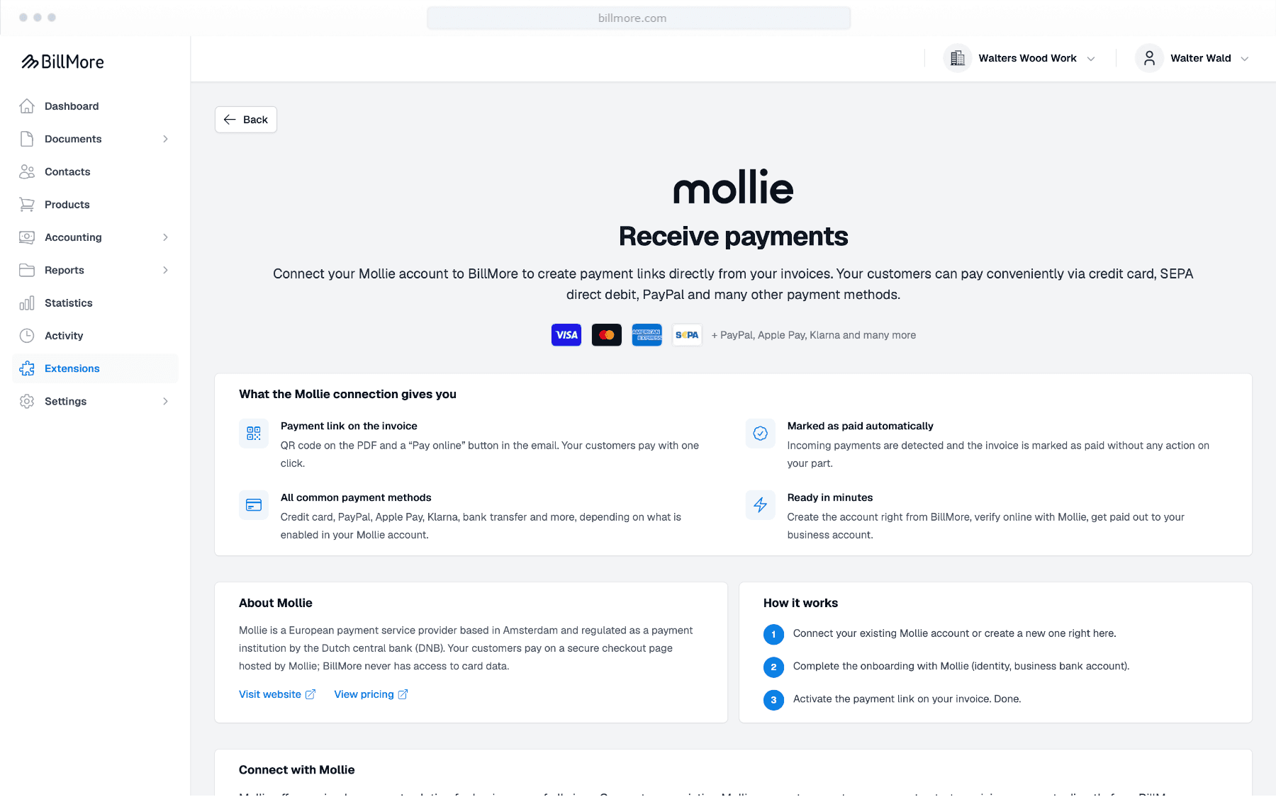 Connect Mollie in BillMore to create payment links on invoices