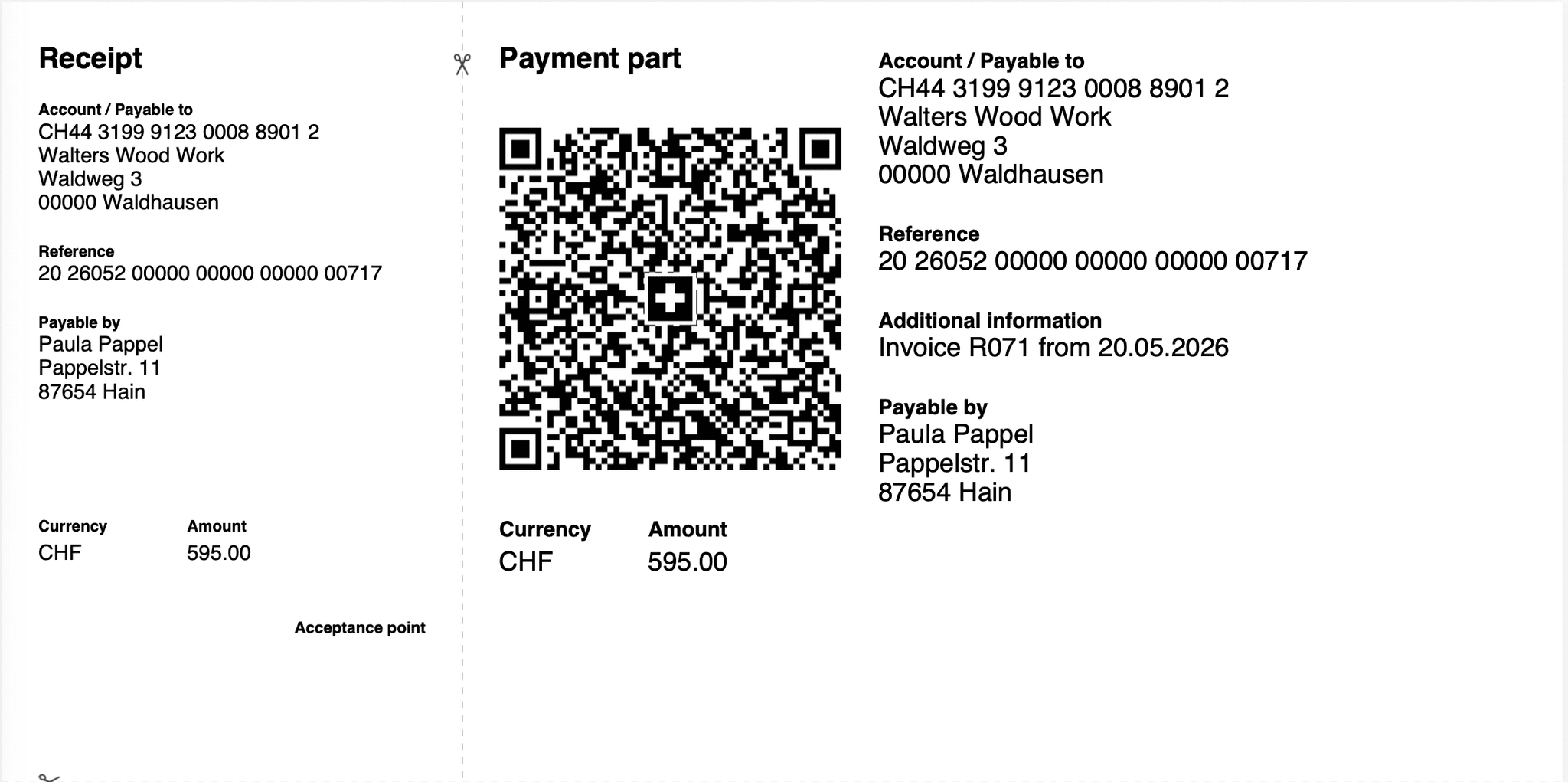 Swiss QR invoice with receipt and payment part in BillMore