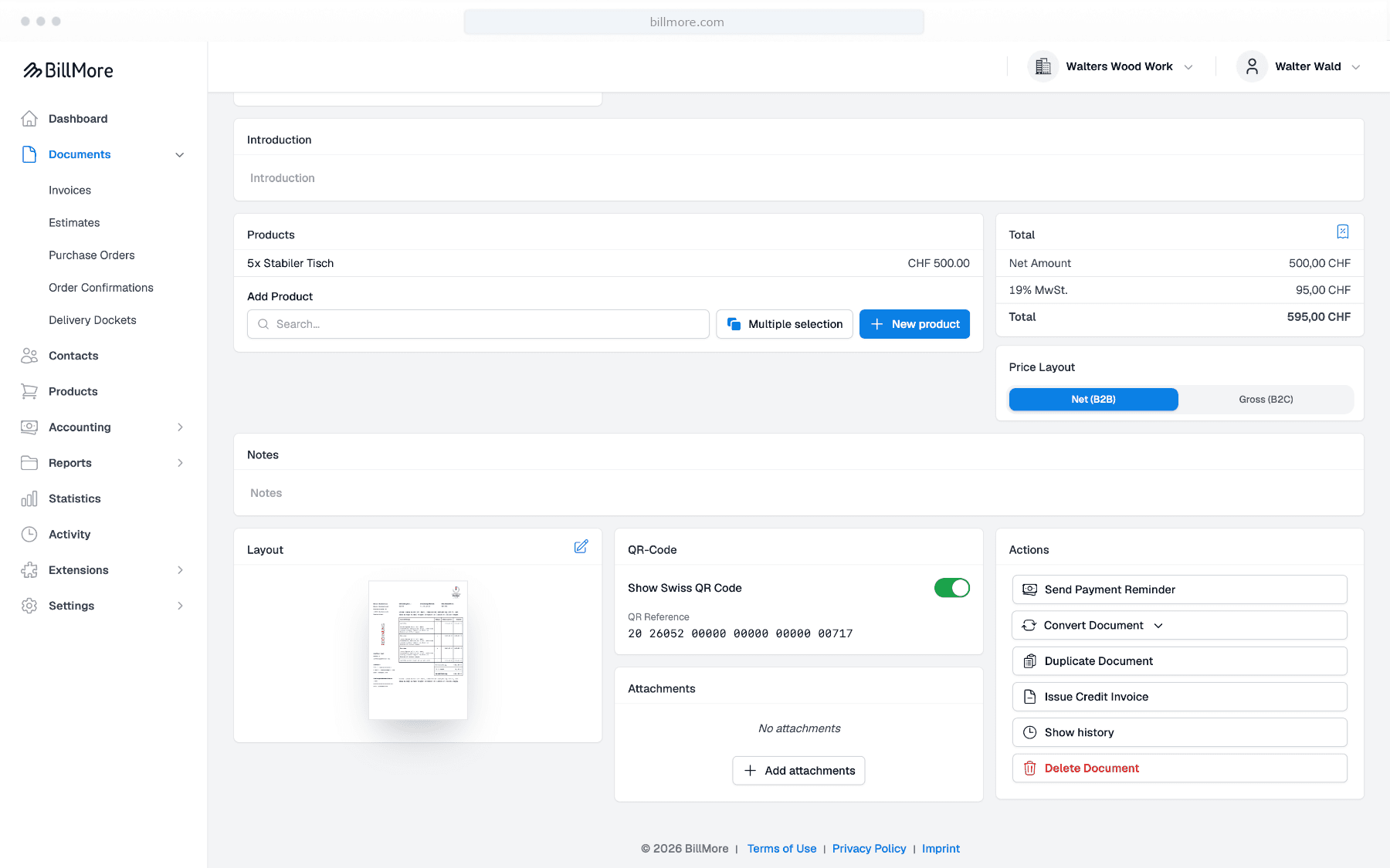 Enabling the Swiss QR code in the BillMore document editor