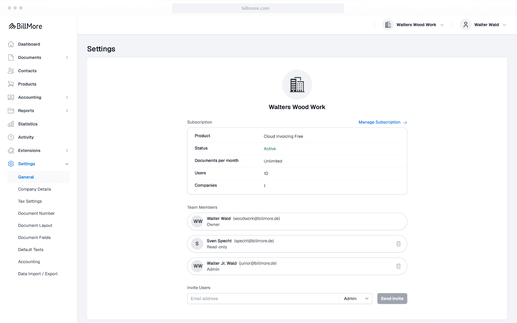 Team and user management in BillMore
