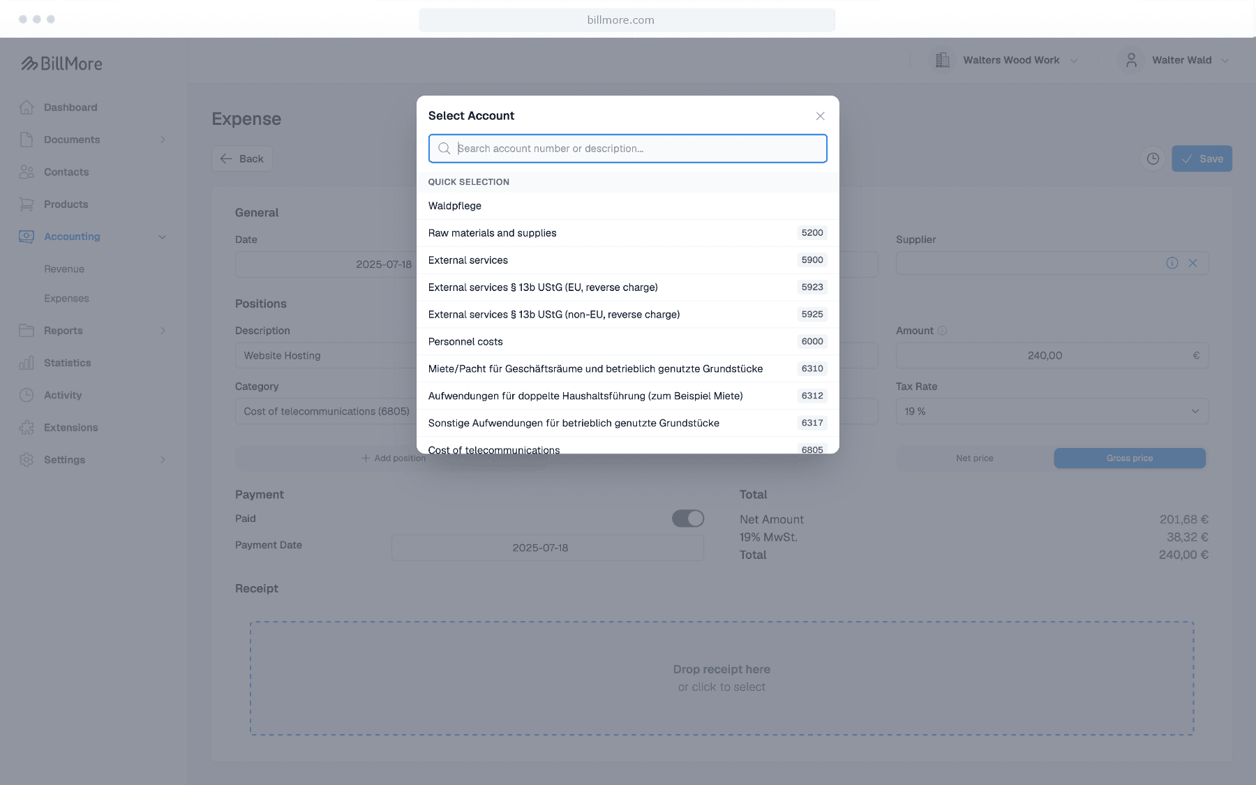 Expense bookings with SKR accounts in BillMore