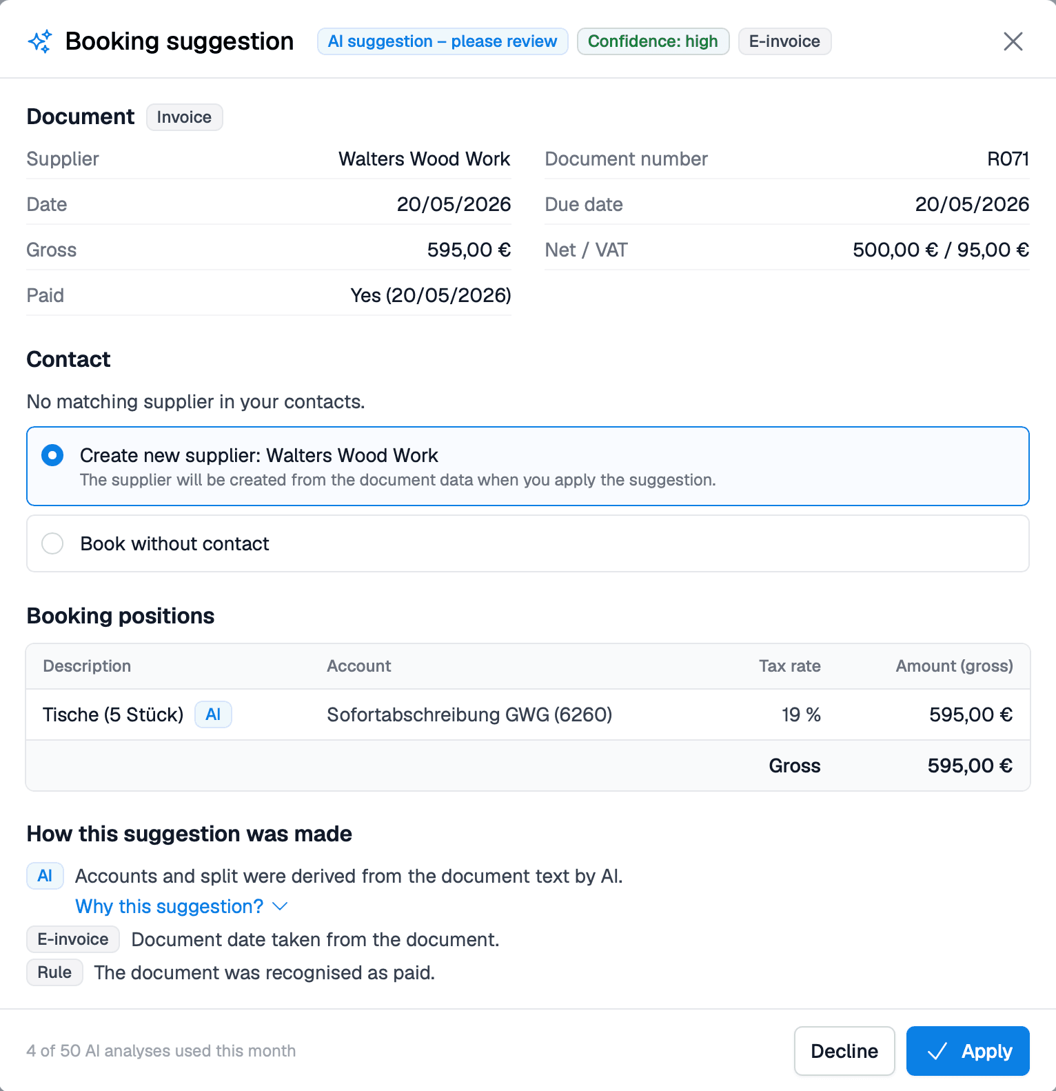 Booking suggestion in BillMore with supplier, account, tax rate and an explanation of how the suggestion was made
